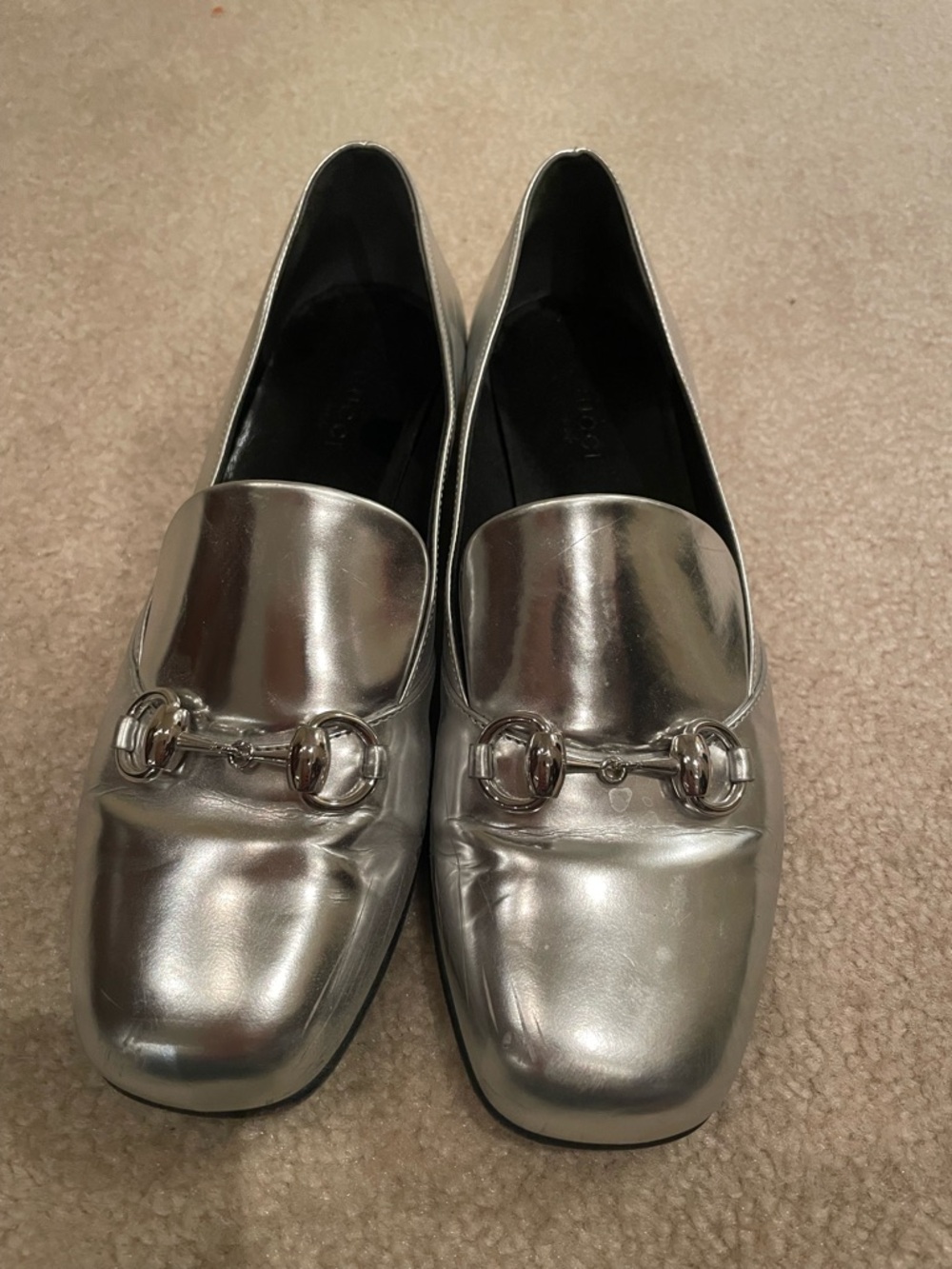 Gucci Metallic Silver Horsebit Loafers